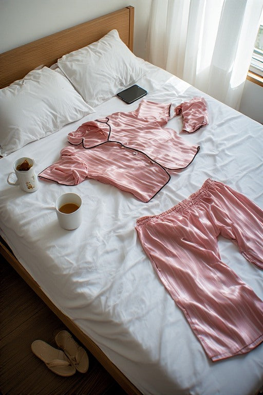 Blush pink satin pajama set laid on an unmade bed — the Vivere morning